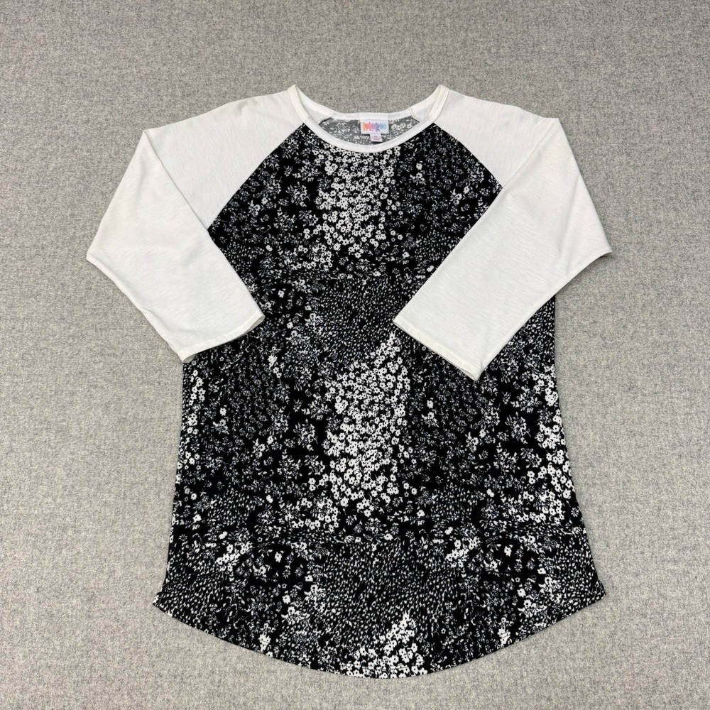 LuLaRoe Randy Baseball Tee Size M Black White Floral Raglan 3/4 Sleeve Shirt Top